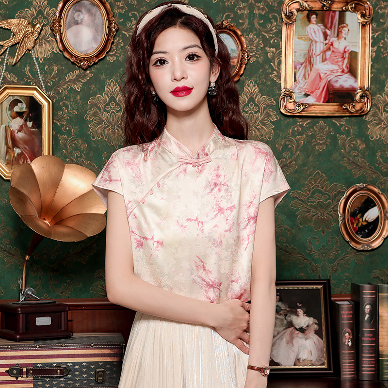 Chinese style stand collar jacquard tops for women