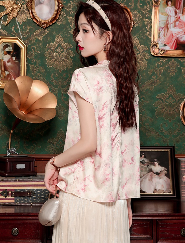 Chinese style stand collar jacquard tops for women