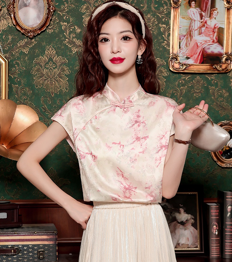 Chinese style stand collar jacquard tops for women