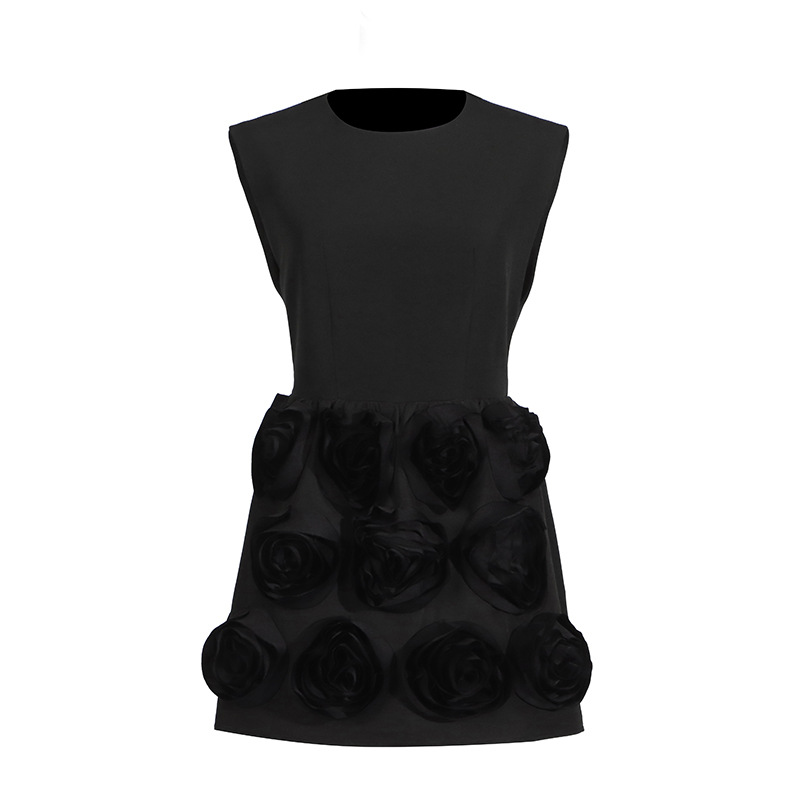 Stereoscopic pure short high waist round neck dress