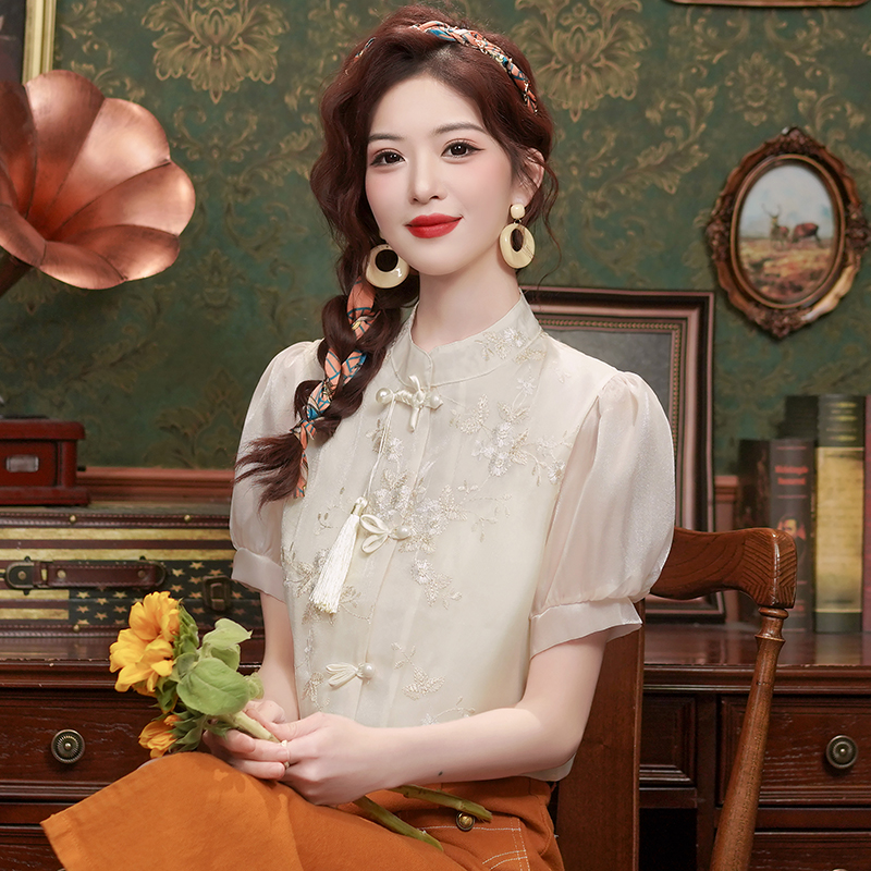 Chinese style embroidery tops retro shirt for women
