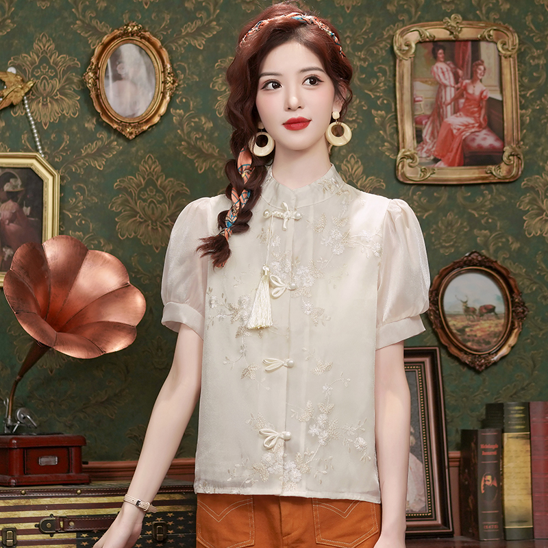 Chinese style embroidery tops retro shirt for women