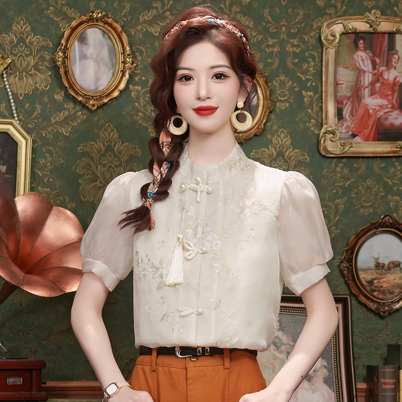 Chinese style embroidery tops retro shirt for women