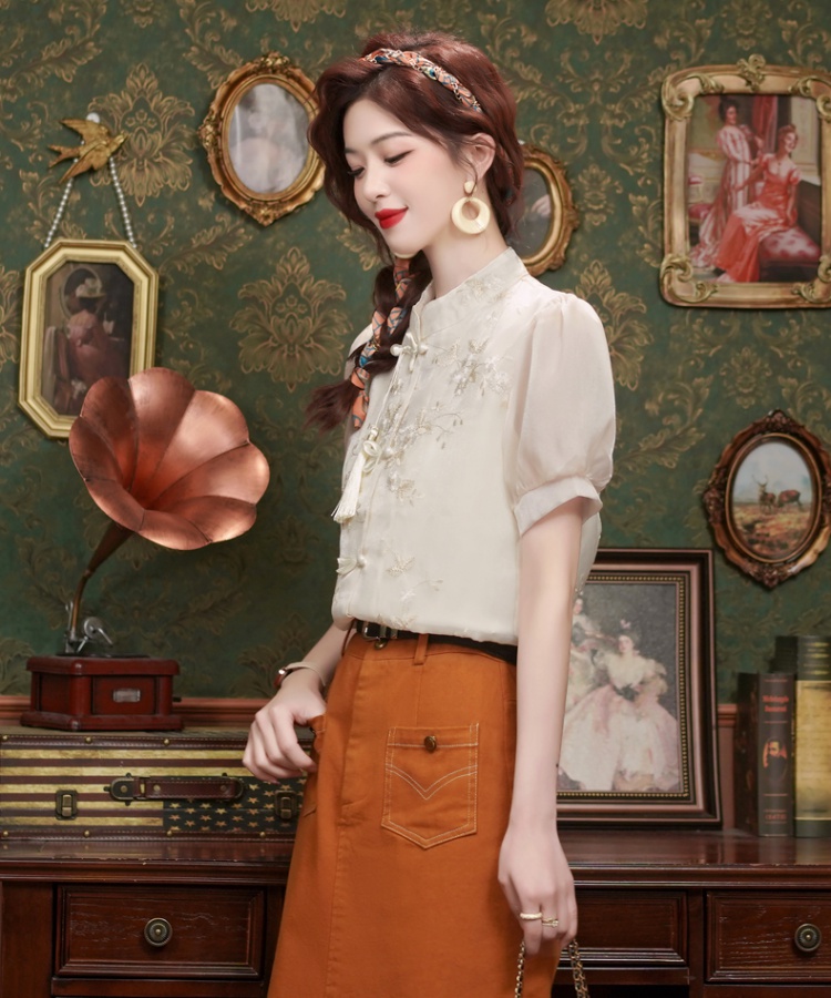 Chinese style embroidery tops retro shirt for women