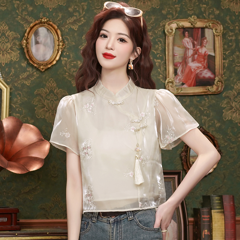 Beading cstand collar short light short sleeve shirt for women