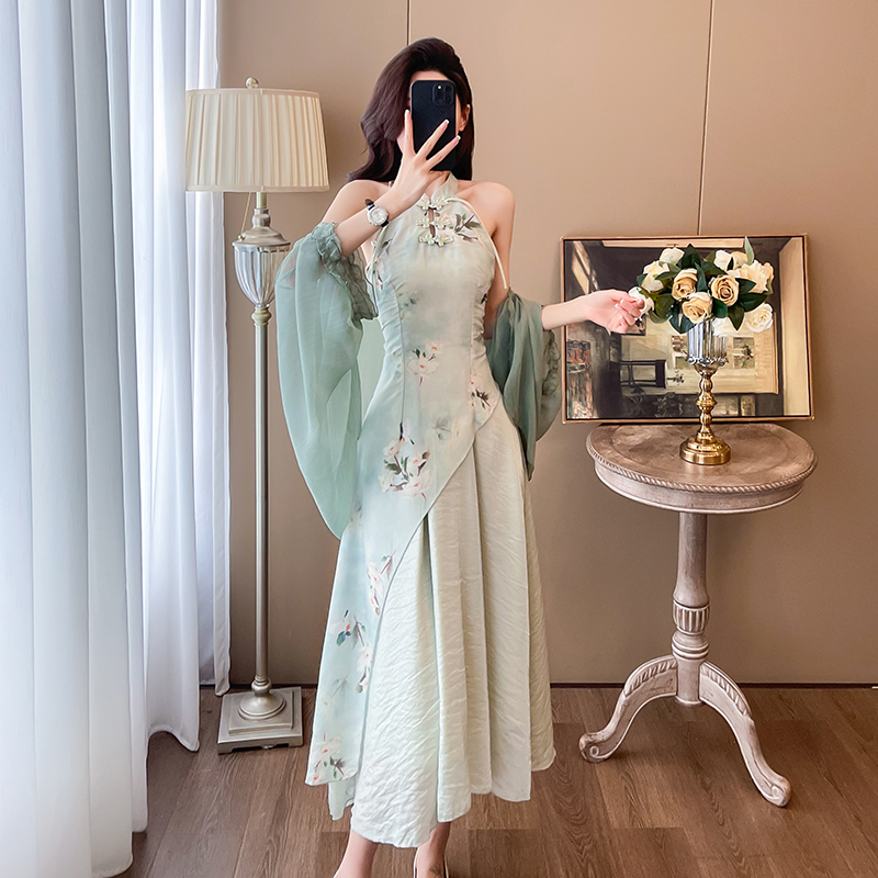 Printing cardigan Chinese style cheongsam 2pcs set for women