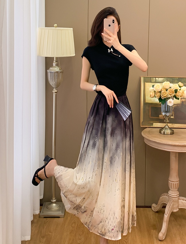 Summer Chinese style skirt cstand collar pleated tops a set