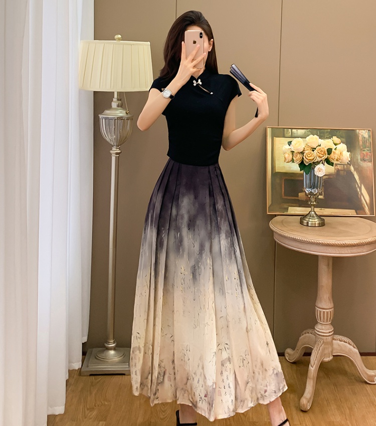 Summer Chinese style skirt cstand collar pleated tops a set