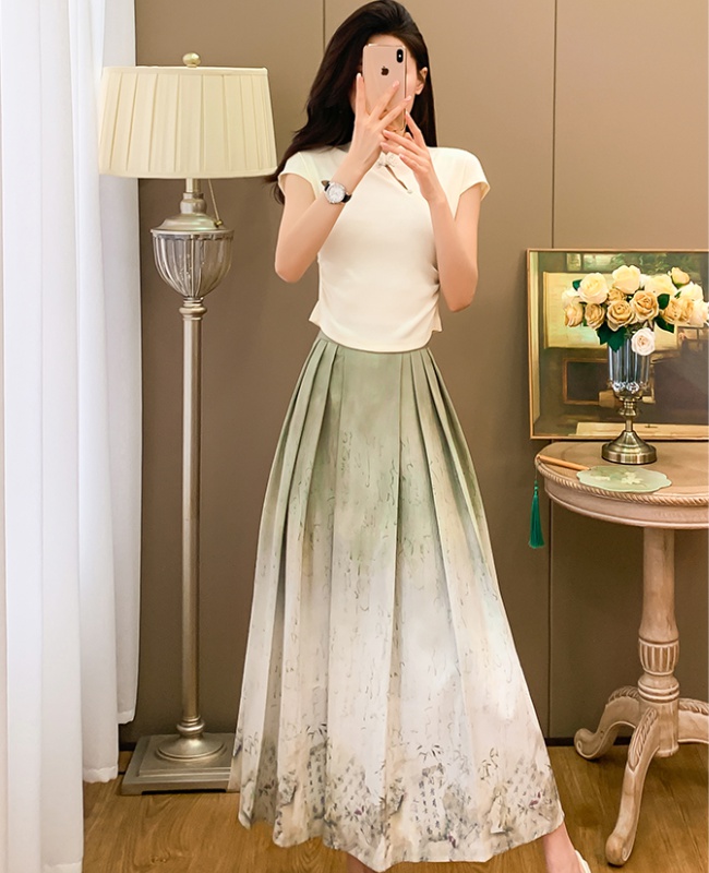 Summer Chinese style skirt cstand collar pleated tops a set