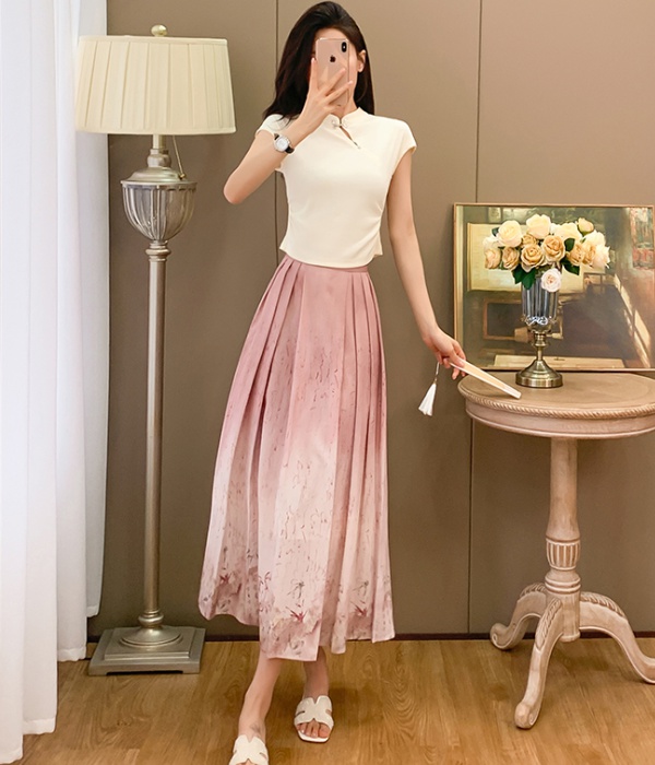 Summer Chinese style skirt cstand collar pleated tops a set