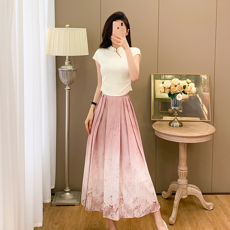 Summer Chinese style skirt cstand collar pleated tops a set