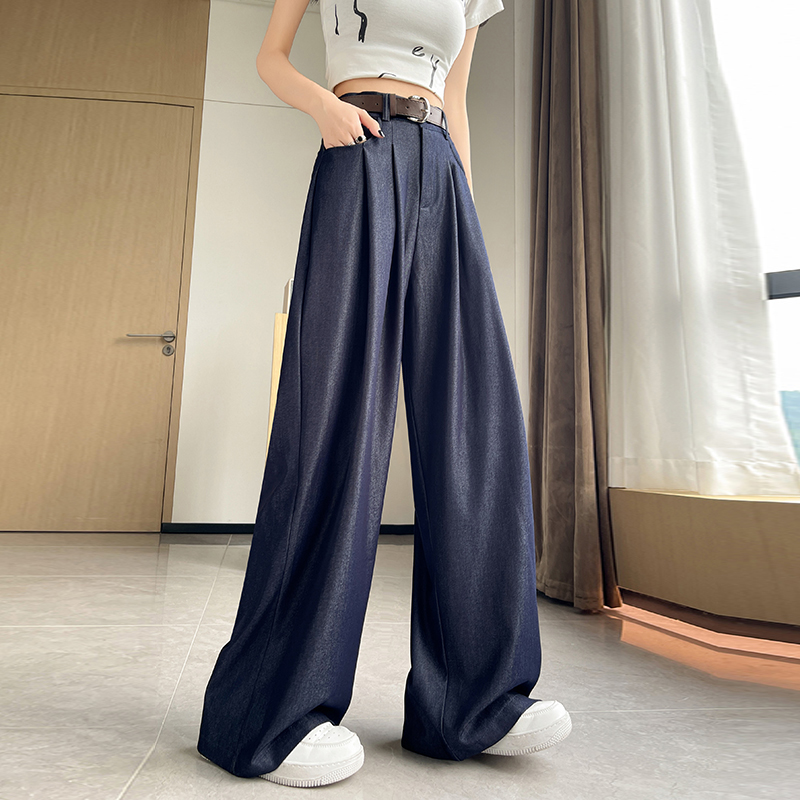 Ice silk denim straight pants loose wide leg pants for women