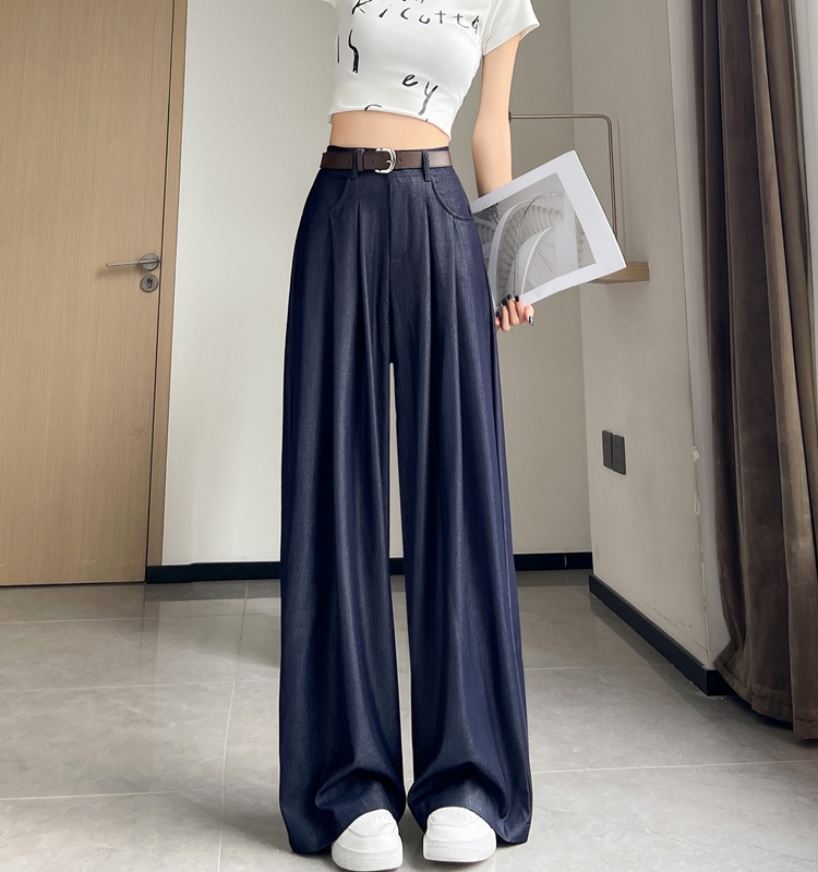 Ice silk denim straight pants loose wide leg pants for women