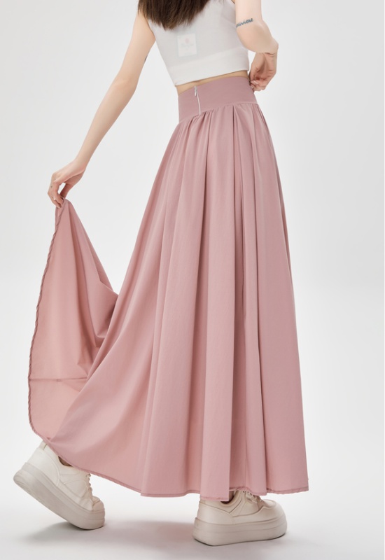 Romantic A-line long skirt pleated pink skirt for women