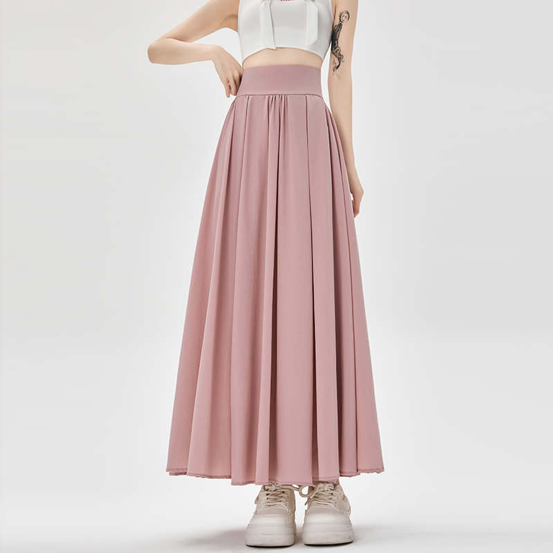 Romantic A-line long skirt pleated pink skirt for women