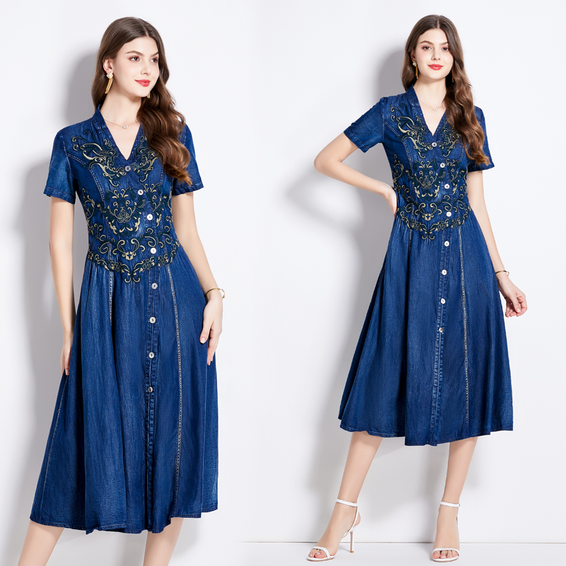 Slim retro summer long dress denim embroidery dress