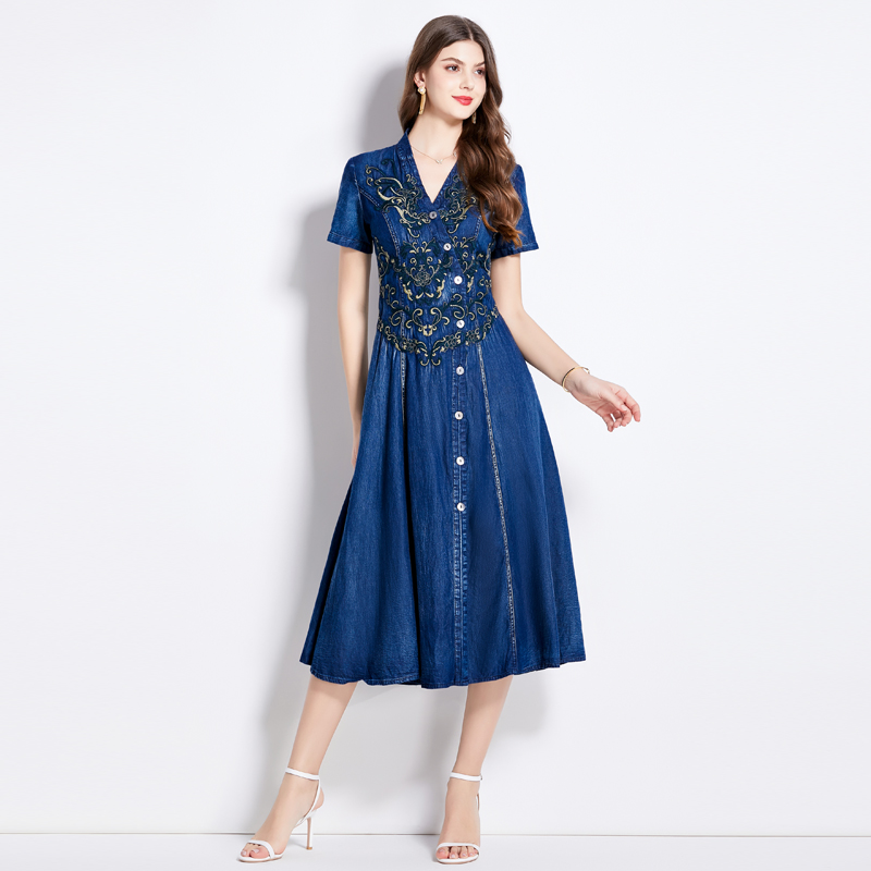 Slim retro summer long dress denim embroidery dress