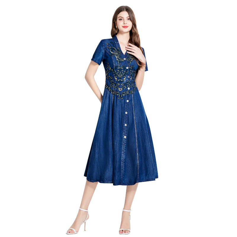 Slim retro summer long dress denim embroidery dress