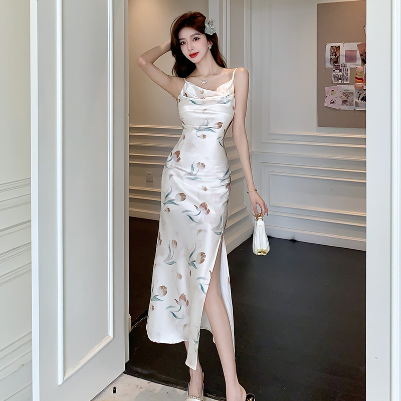 Sling summer satin dress printing retro long dress for women