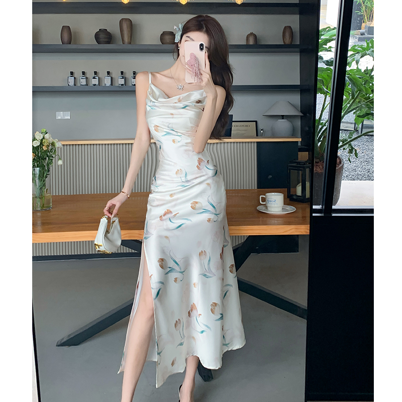 Sling summer satin dress printing retro long dress for women