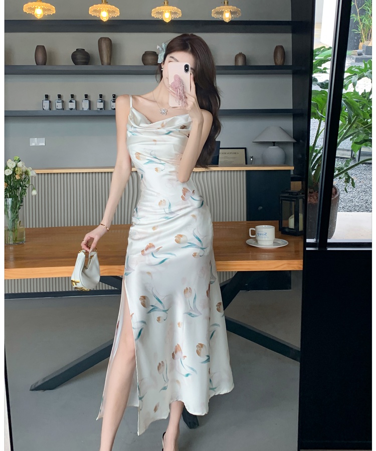 Sling summer satin dress printing retro long dress for women