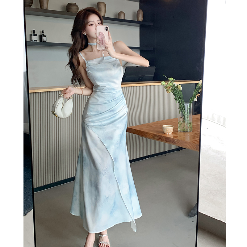 Pinched waist temperament dress fold printing long dress