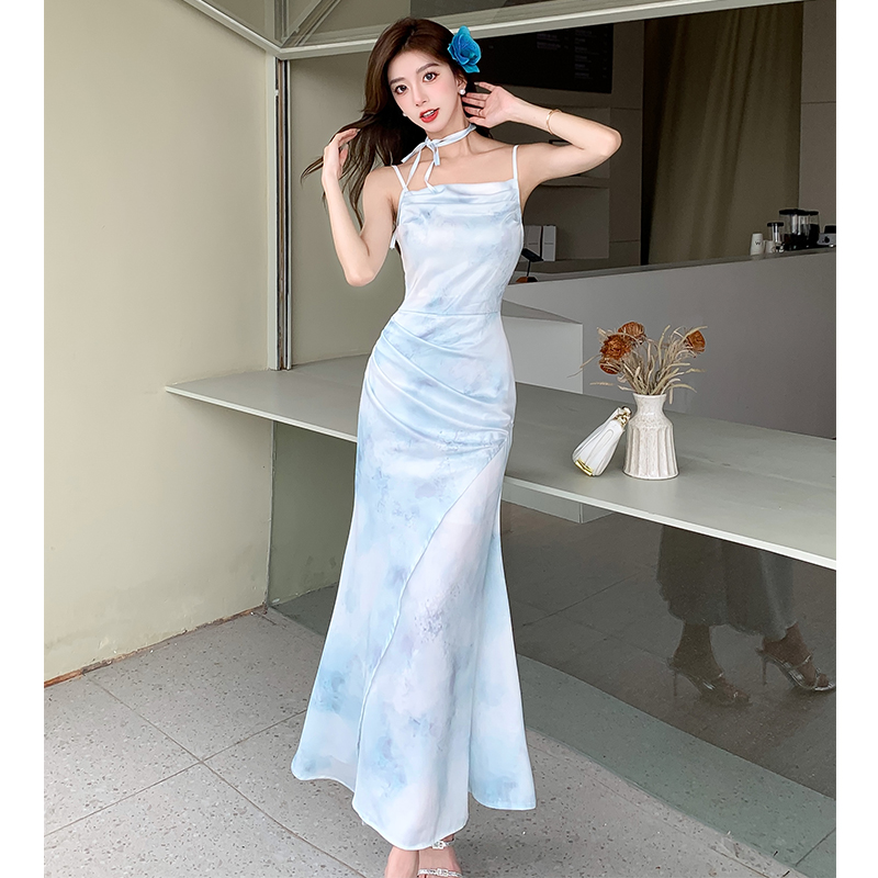 Pinched waist temperament dress fold printing long dress