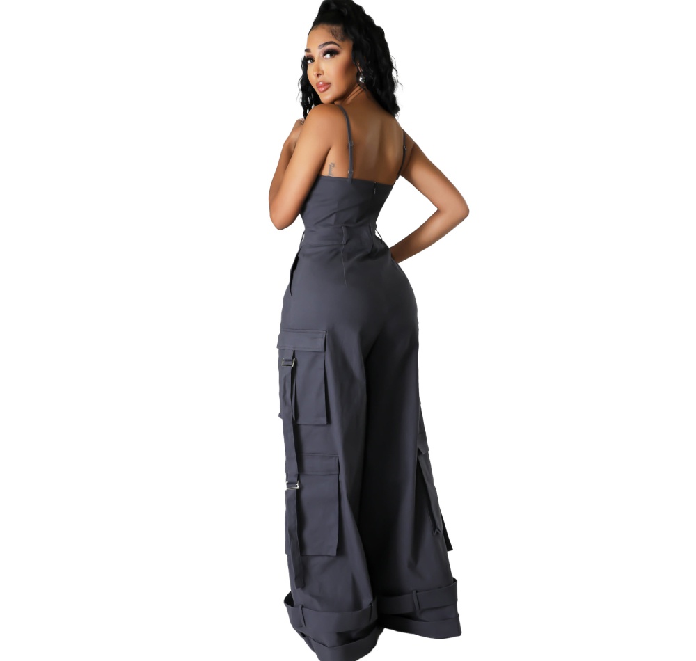 Many pocket wrapped chest work clothing wide leg jumpsuit