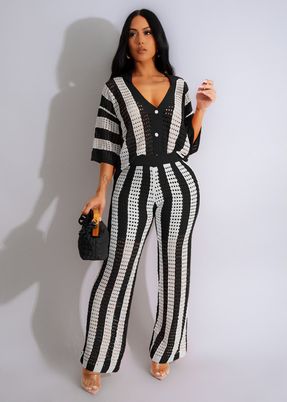 Sexy V-neck stripe knitted lapel pants a set for women