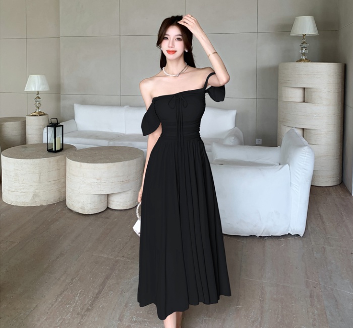 France style vacation dress flat shoulder long dress