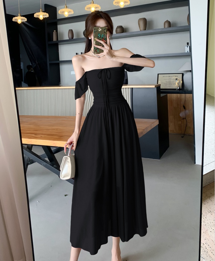 France style vacation dress flat shoulder long dress