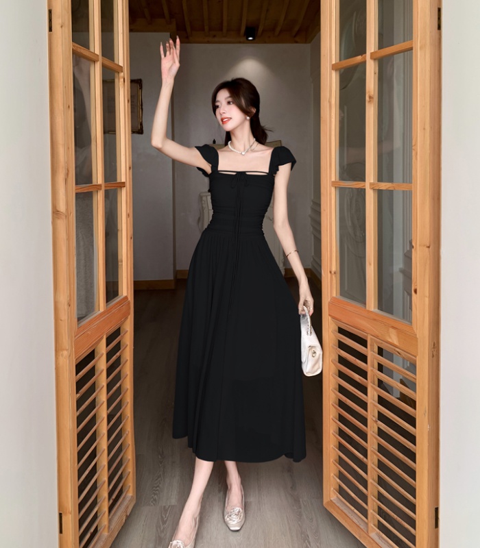 France style vacation dress flat shoulder long dress