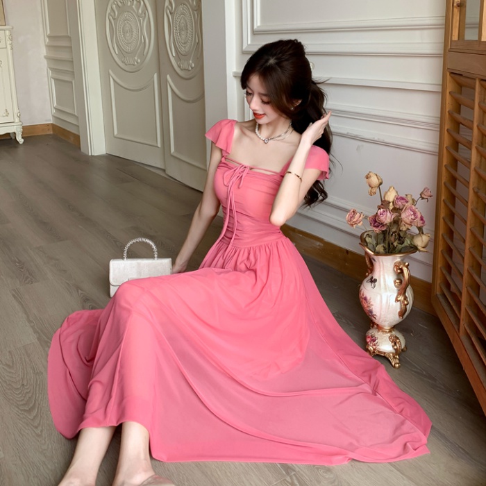 France style vacation dress flat shoulder long dress