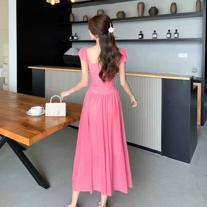 France style vacation dress flat shoulder long dress