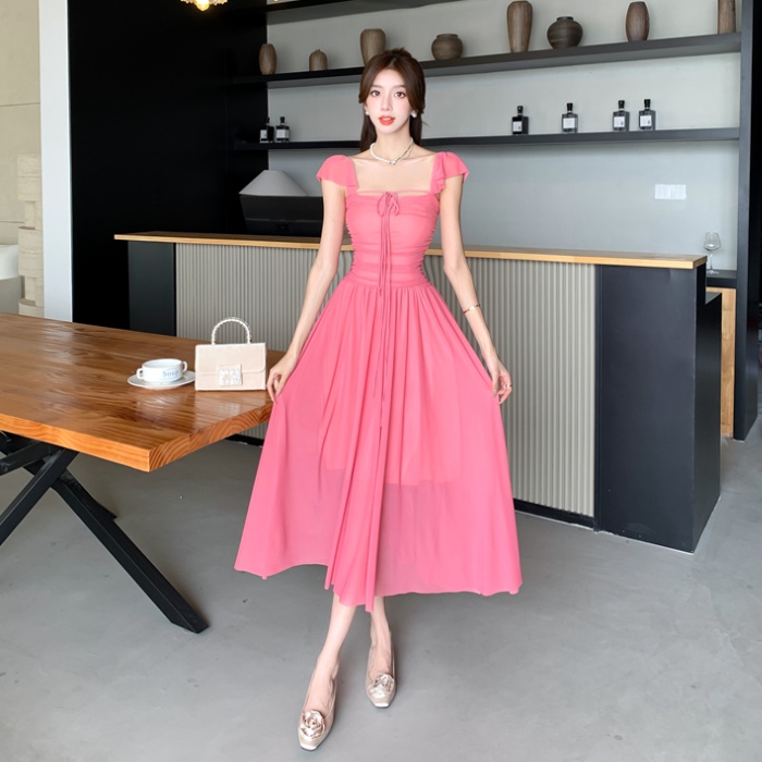 France style vacation dress flat shoulder long dress