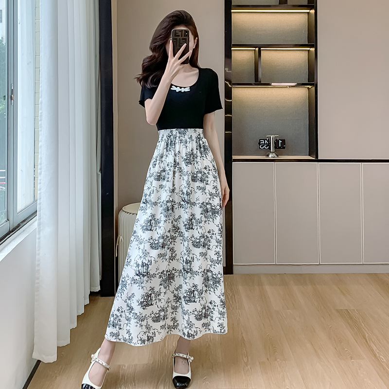 Retro Hepburn style dress elastic waist long dress