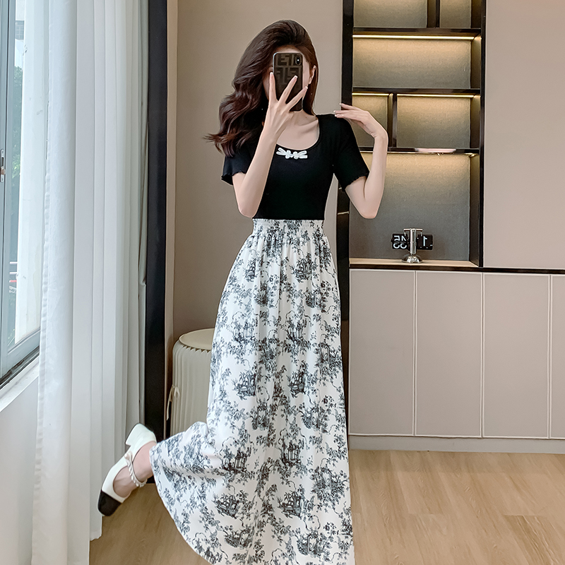 Retro Hepburn style dress elastic waist long dress