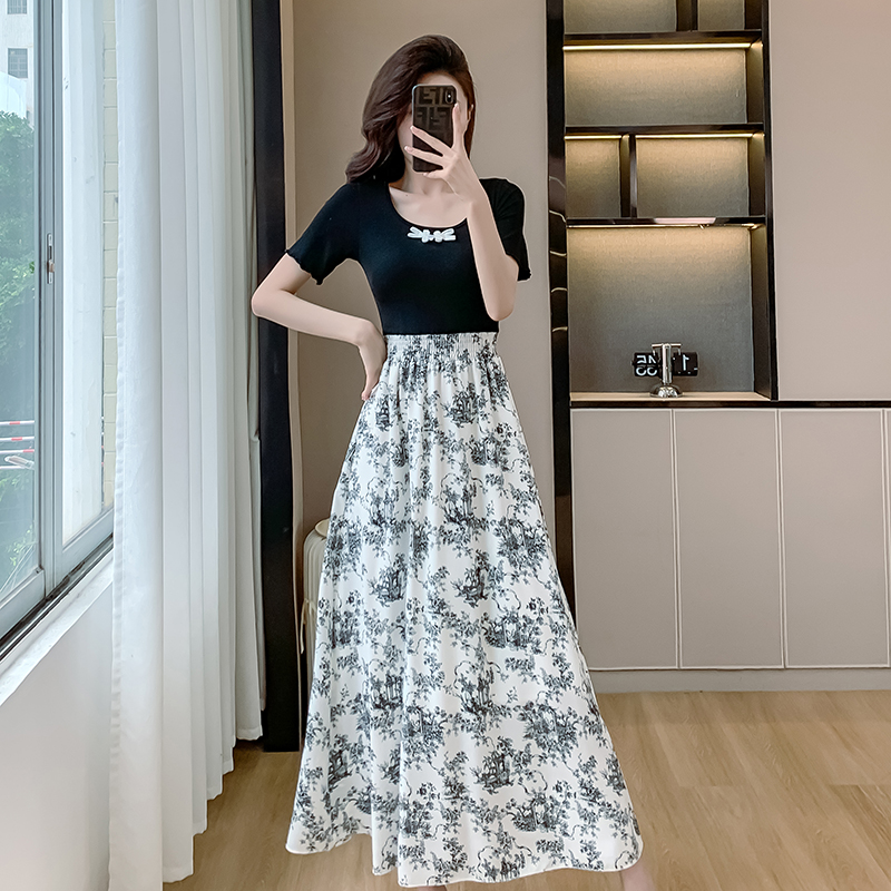 Retro Hepburn style dress elastic waist long dress