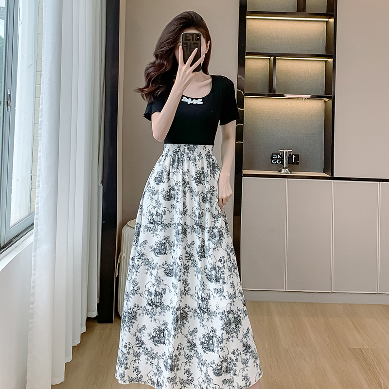 Retro Hepburn style dress elastic waist long dress