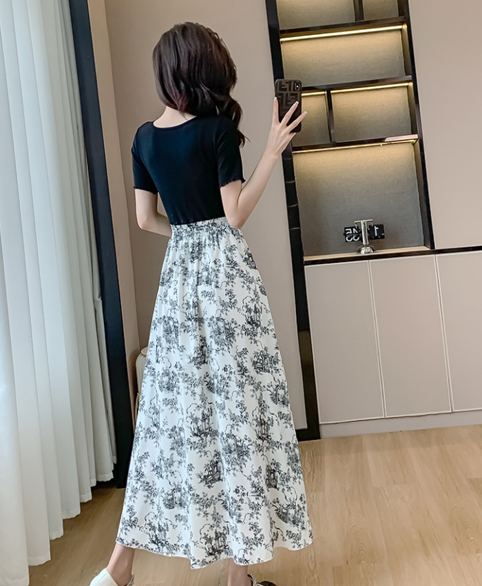 Retro Hepburn style dress elastic waist long dress