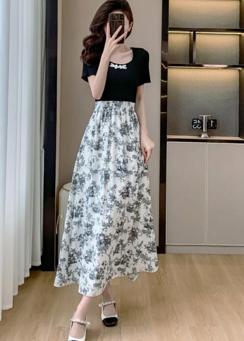 Retro Hepburn style dress elastic waist long dress