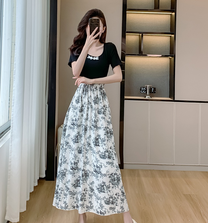 Retro Hepburn style dress elastic waist long dress