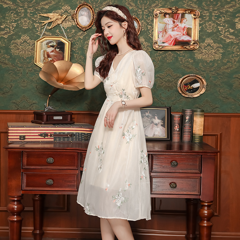 Long A-line high waist sweet retro Chinese style dress