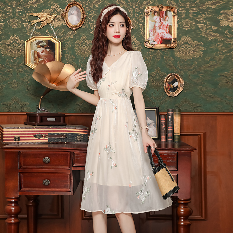 Long A-line high waist sweet retro Chinese style dress