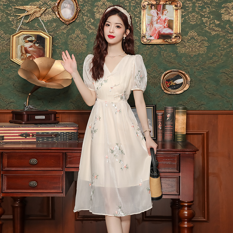 Long A-line high waist sweet retro Chinese style dress