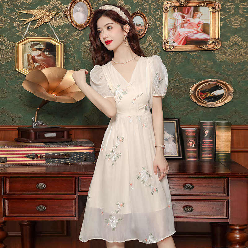 Long A-line high waist sweet retro Chinese style dress