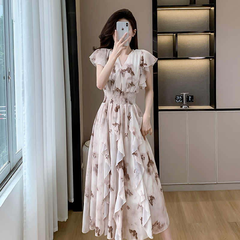 Light luxury lotus leaf edges dress blooming long dress