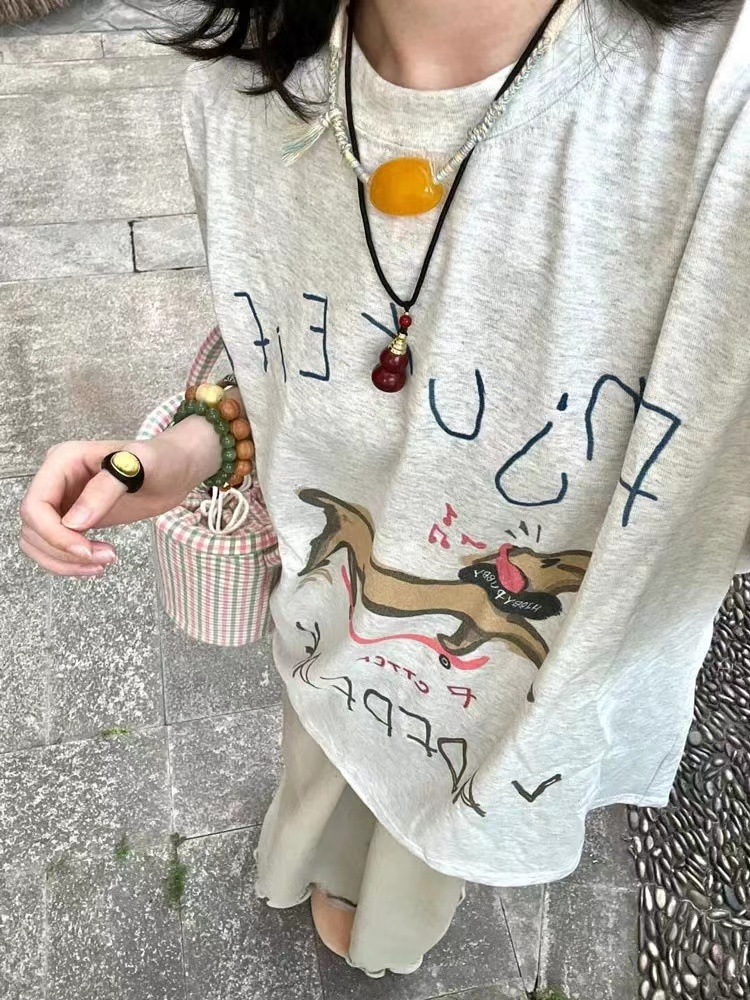 Casual short sleeve lazy printing loose T-shirt