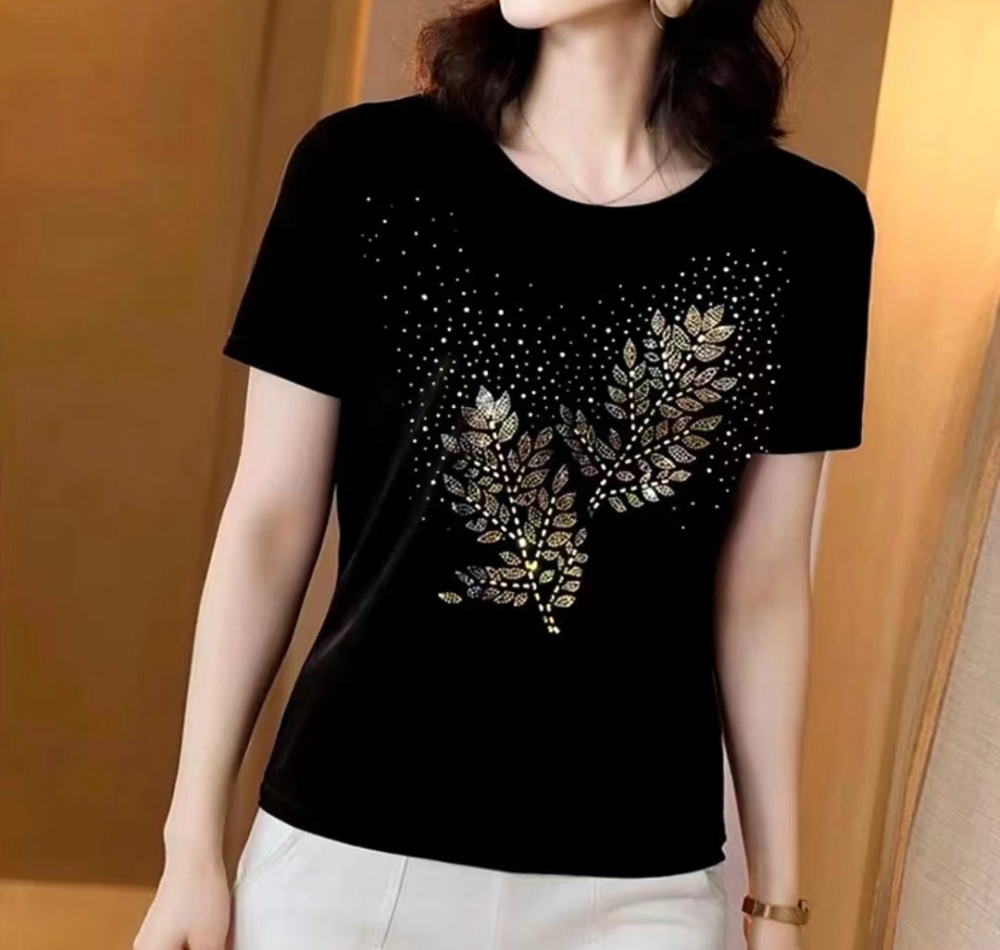 Round neck Casual tops black loose T-shirt for women