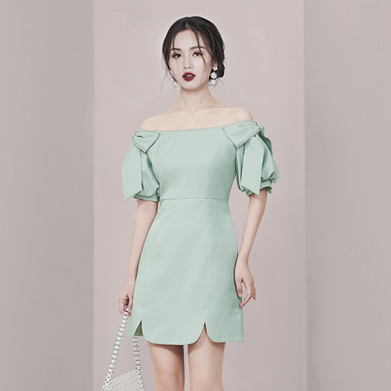 Summer puff sleeve dress chain evening dress